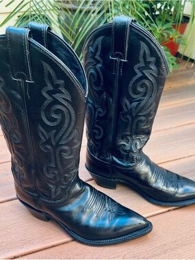 Justin Boots Black Leather Western Heeled Cowboy Boots